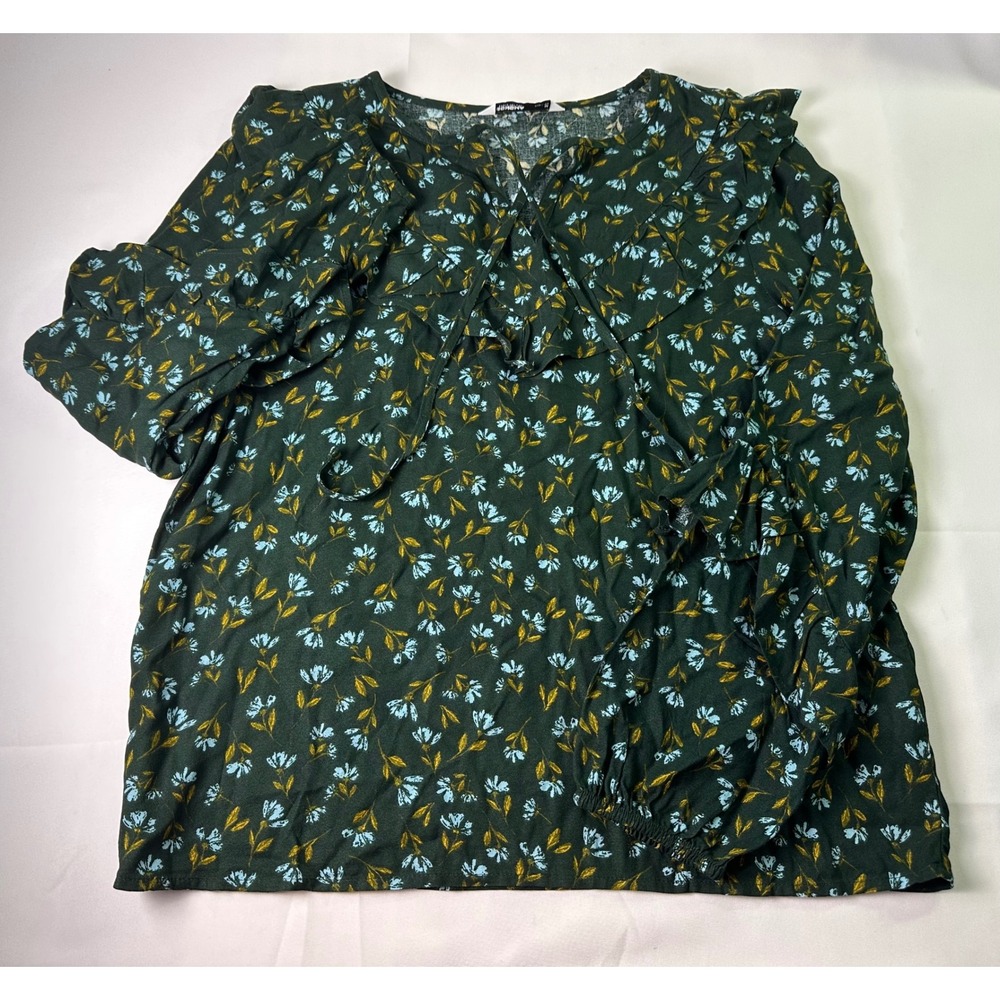 NWT Sonoma Goods for Life Blouse Top Medium M Green Floral Ruffle‎ V-Neck Rayon